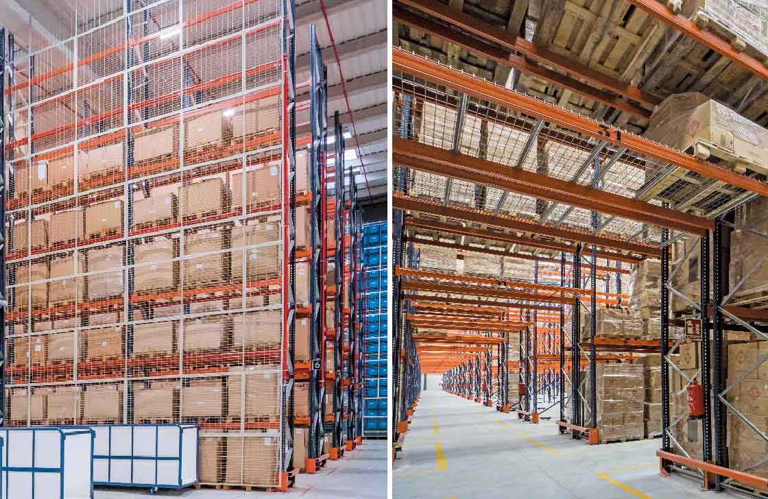 Las mallas anticaída se instalan en la parte trasera de los racks o en el techo de los pasillos transversales