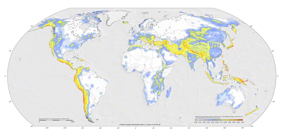 Zonas con mayor probabilidad de que ocurran terremotos en la Tierra. Fuente: Global Earthquake Model