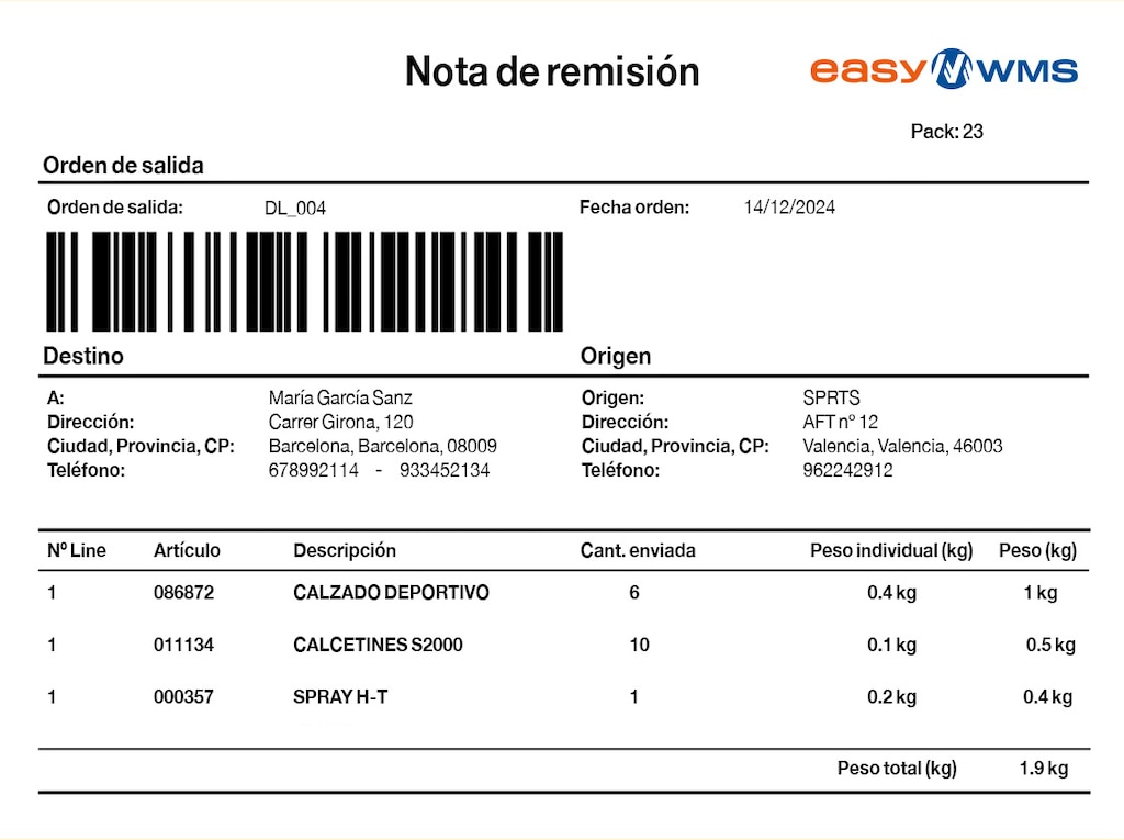 Ejemplo de nota de remisión electrónica generada por el sistema de gestión de almacenes Easy WMS de Mecalux