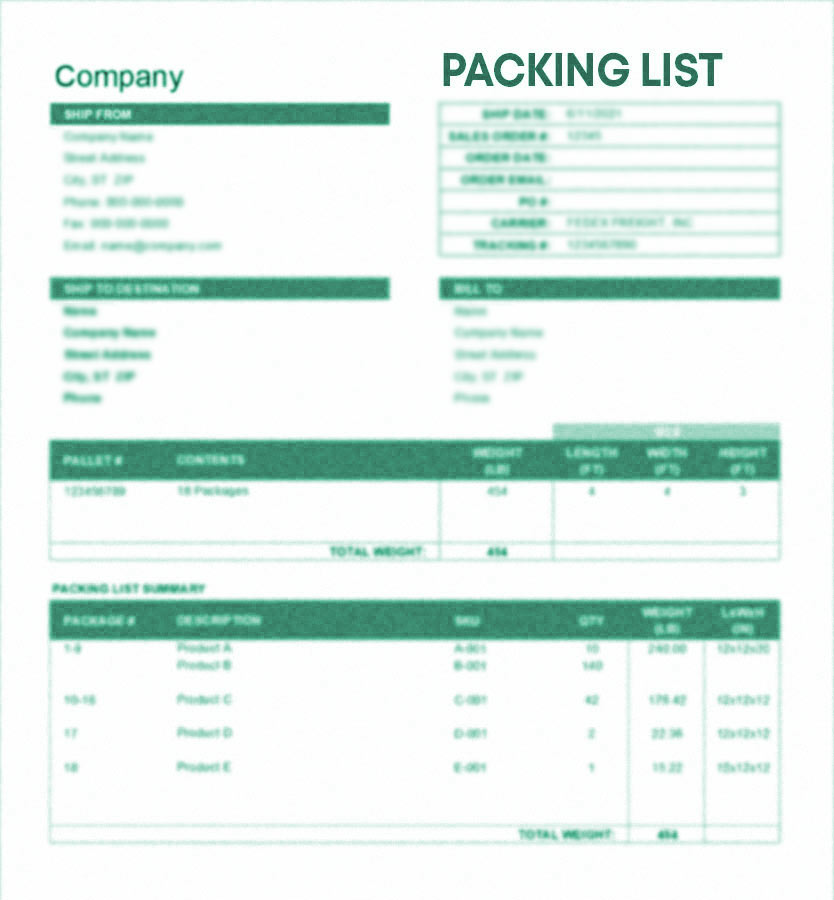 Un packing list incluye los tipos de producto, su cantidad, volumen, tamaño y empaque