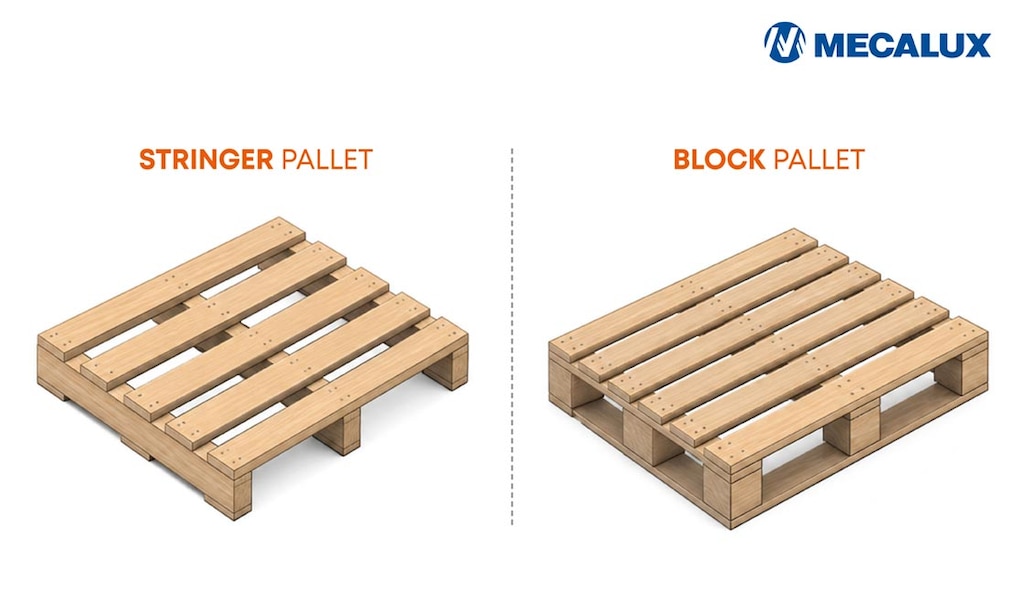 Los block pallets utilizan tacos distribuidos y los stringer presentan vigas longitudinales
