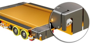 El carro del Pallet Shuttle 3D incluye 4 ruedas de contraste en pasillo